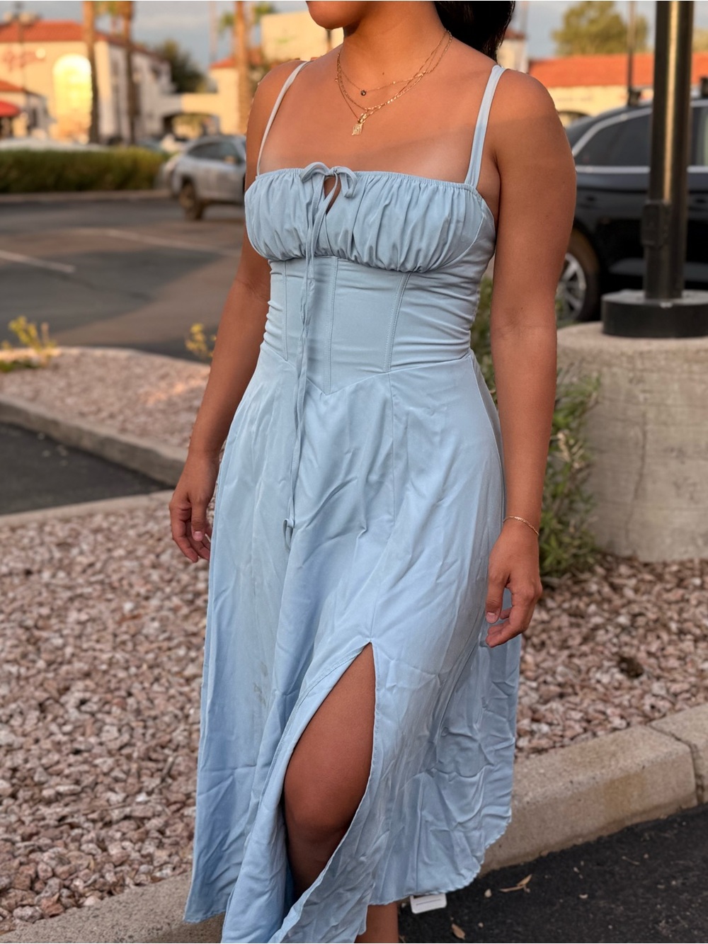 Light Blue Ruched Bust Midi Dress with Front Slit
